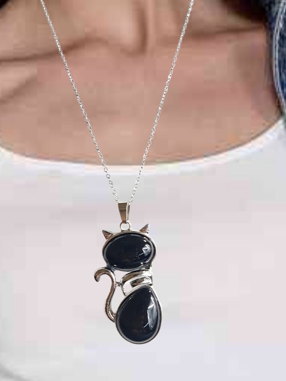 Cat Pendant w/ Natural Stone & Stainless Steel Necklace NWOT